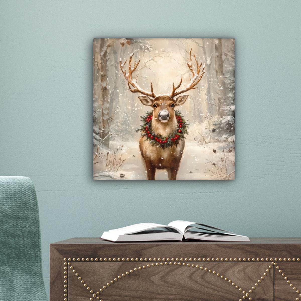 LEINWANDBILD Weihnachten - Rentier - Winter - Kranz Deko Wohnzimmer 20x20 cm - Naturfarben, Textil (20/20cm) - MuchoWow