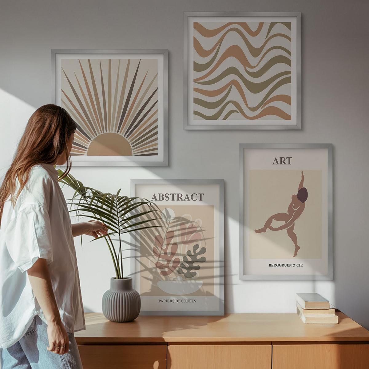 BILDER SET 4er Set - 50x50 cm & 40x60 cm Silberner Rahmen - Matisse Boho abstrakte Muster - Silberfarben, Kunststoff (50/50cm) - TULUP