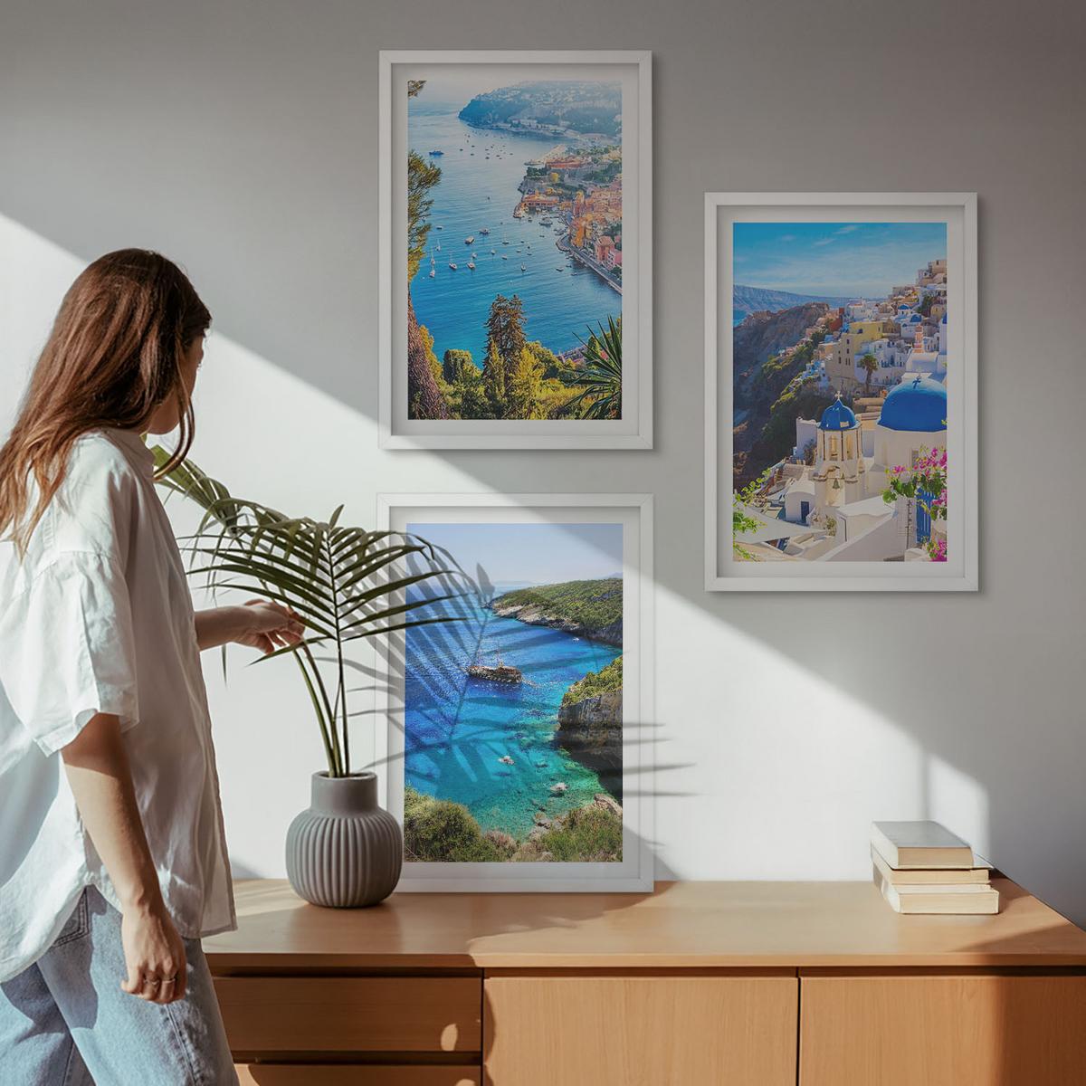 BILDER SET 3er Set - 40x60 cm Weißer Rahmen - Griechische Ansichten von Santorin Oia - Weiß, Kunststoff (40/60cm) - TULUP
