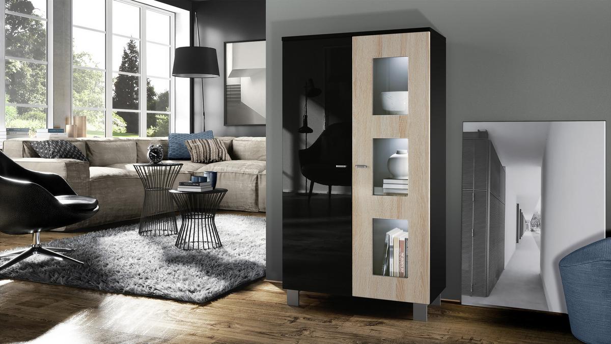 VITRINE Denjo Tür in Eiche sägerau - Eiche San Remo, Holzwerkstoff (71/129/35cm) - Vladon