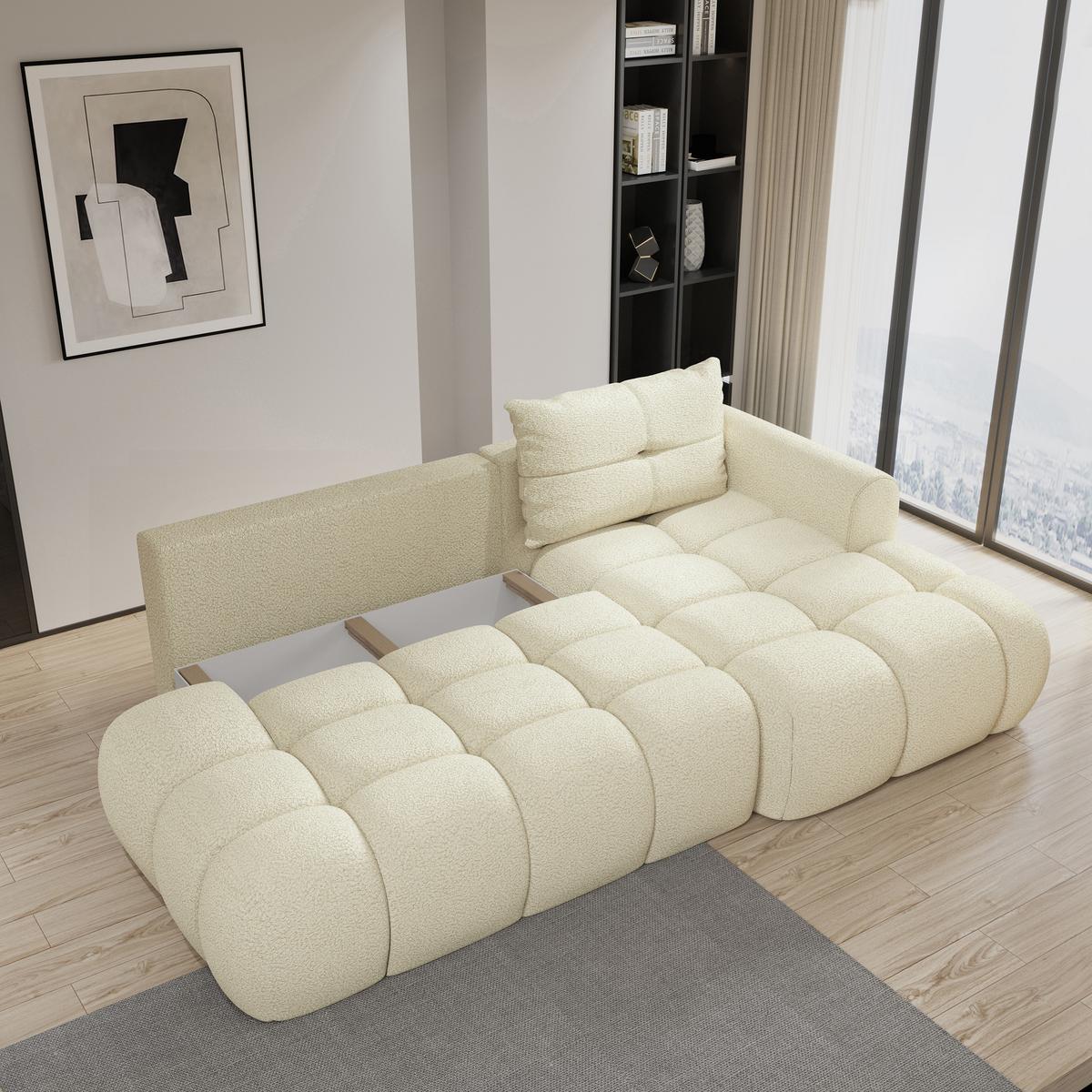 ECKSOFA FLUMA R-S Creme Boucle-Stoff mit Schlaffunktion - Creme, Holz (279/158cm) - MASSENO