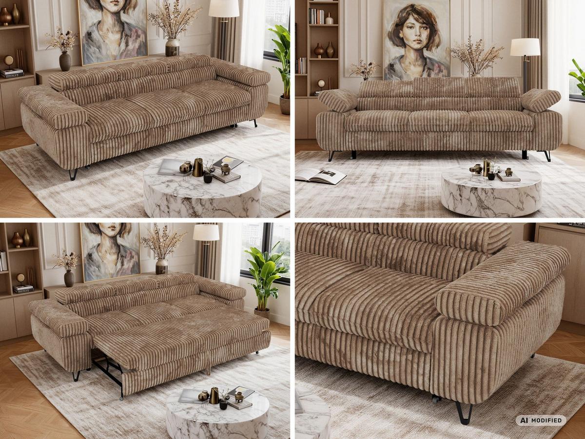 3-SITZER SOFA PETER mit Schlaffunktion - Braun Cord - Schwarz/Braun, Textil/Metall (262/76/99cm) - MKS