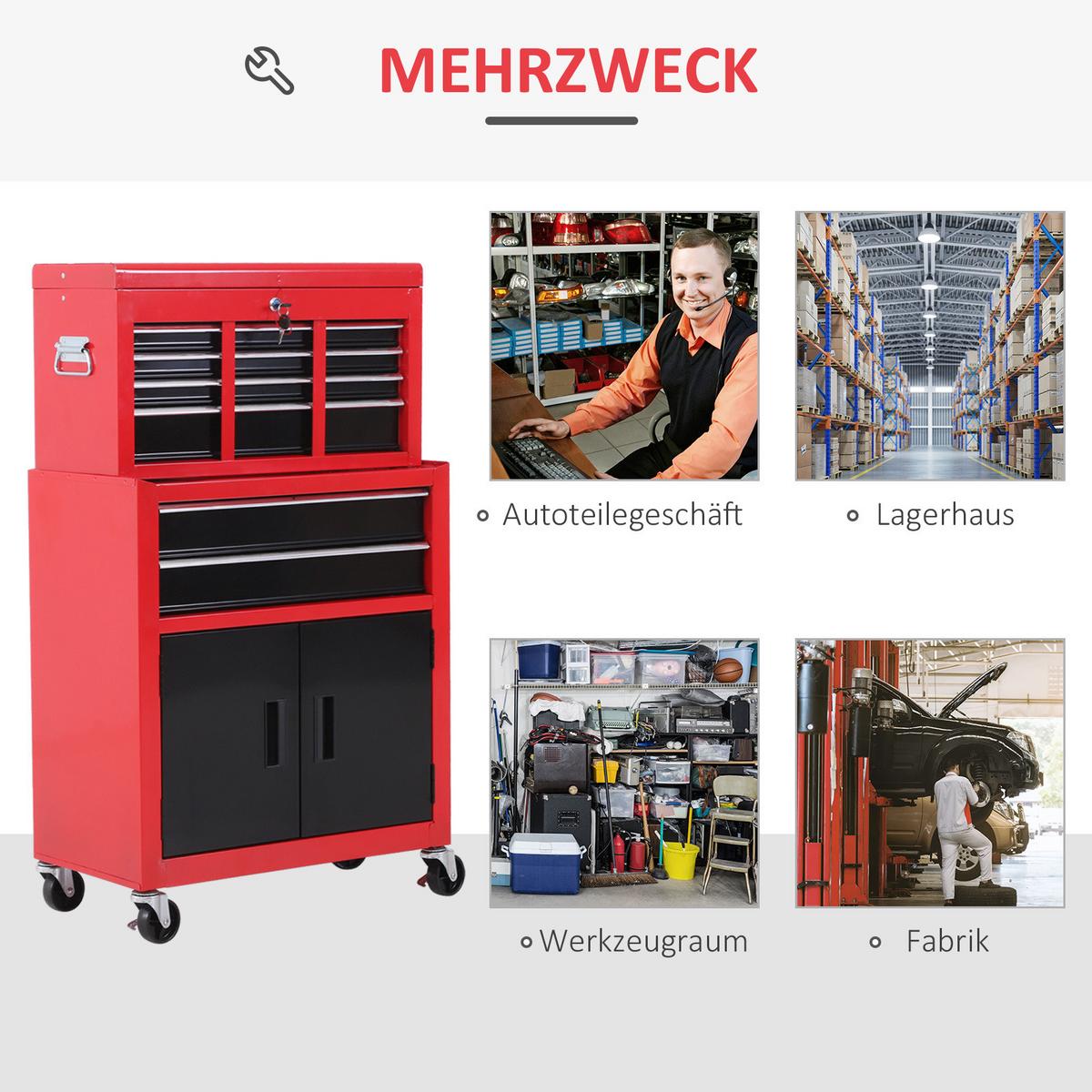 WERKSTATTWAGEN mit Werkzeugkasten 2 Schlüssel Metall Rot+Schwarz - Multicolor, Metall (33/108/61.6cm) - HOMCOM
