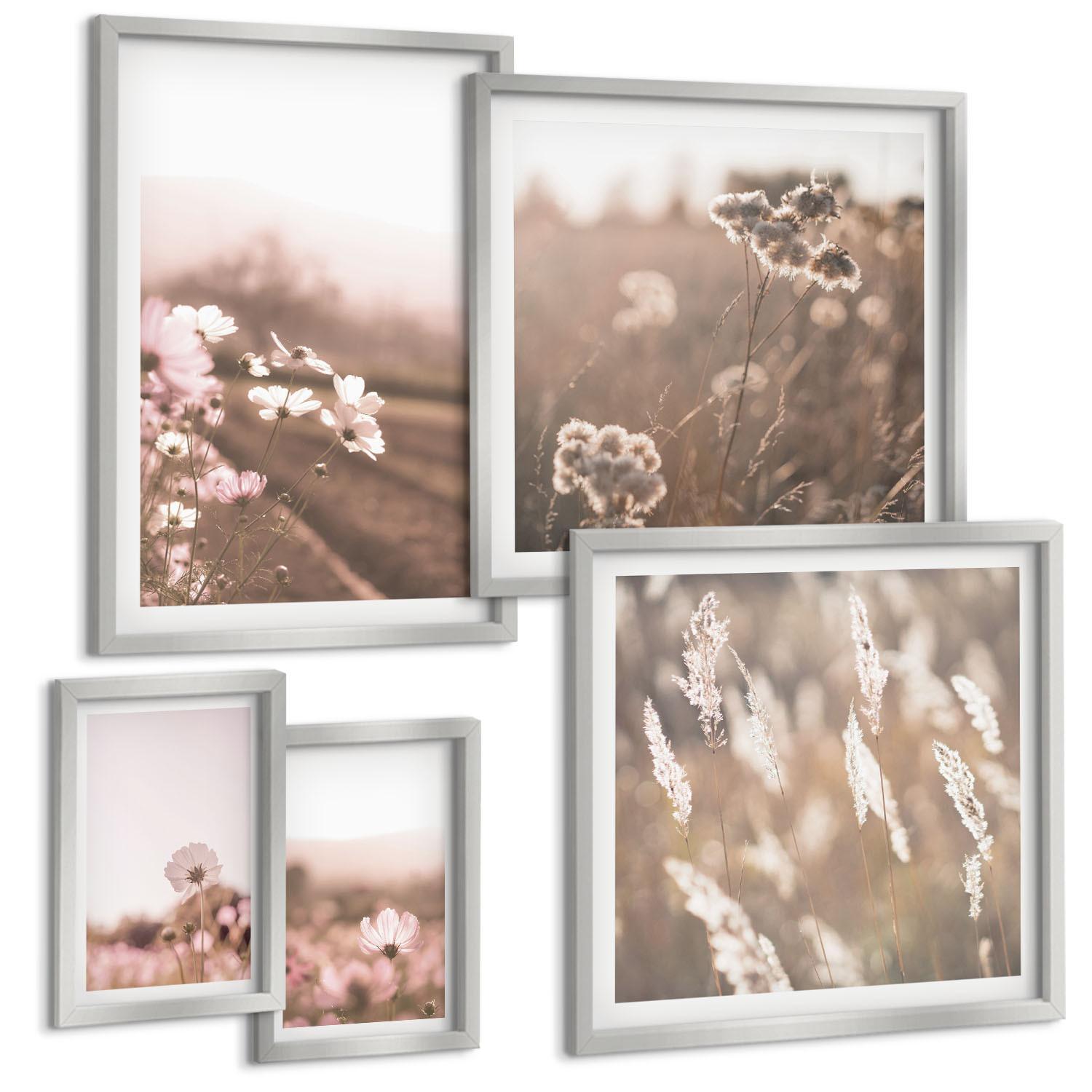 BILDER SET 5er Set - 50x50 cm & 20x30 cm & 40x60 cm Silberner Rahmen - Wildblumen auf den Wiesen im Sommer - Silberfarben, Kunststoff (40/60cm) - TULUP