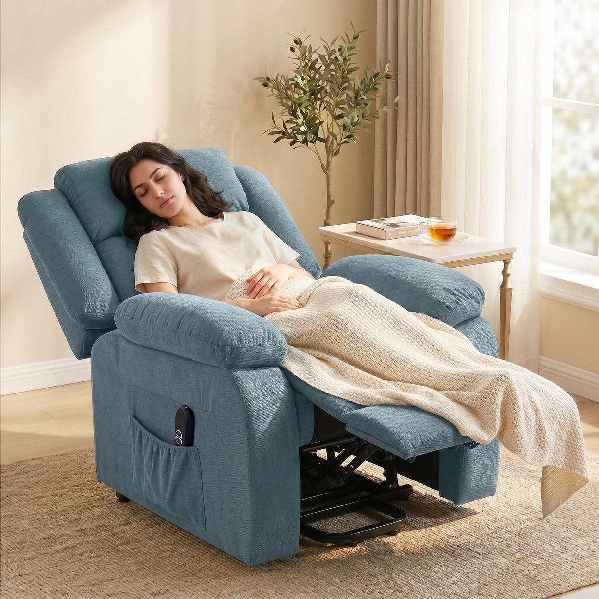 FERNSEHSESSEL-MIT-AUFSTEHHILFE Polyester Stahl Blau - Blau/Schwarz, Textil/Metall (92/105/94cm) - HOMCOM