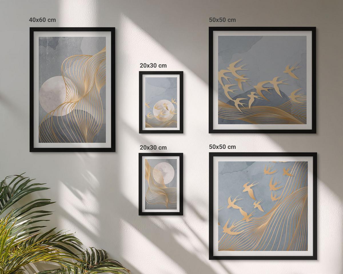 BILDER SET 5er Set - 50x50 cm & 20x30 cm & 40x60 cm Schwarzer Rahmen - Abstrakte Wellenkreise, grau - Schwarz, Kunststoff (40/60cm) - TULUP