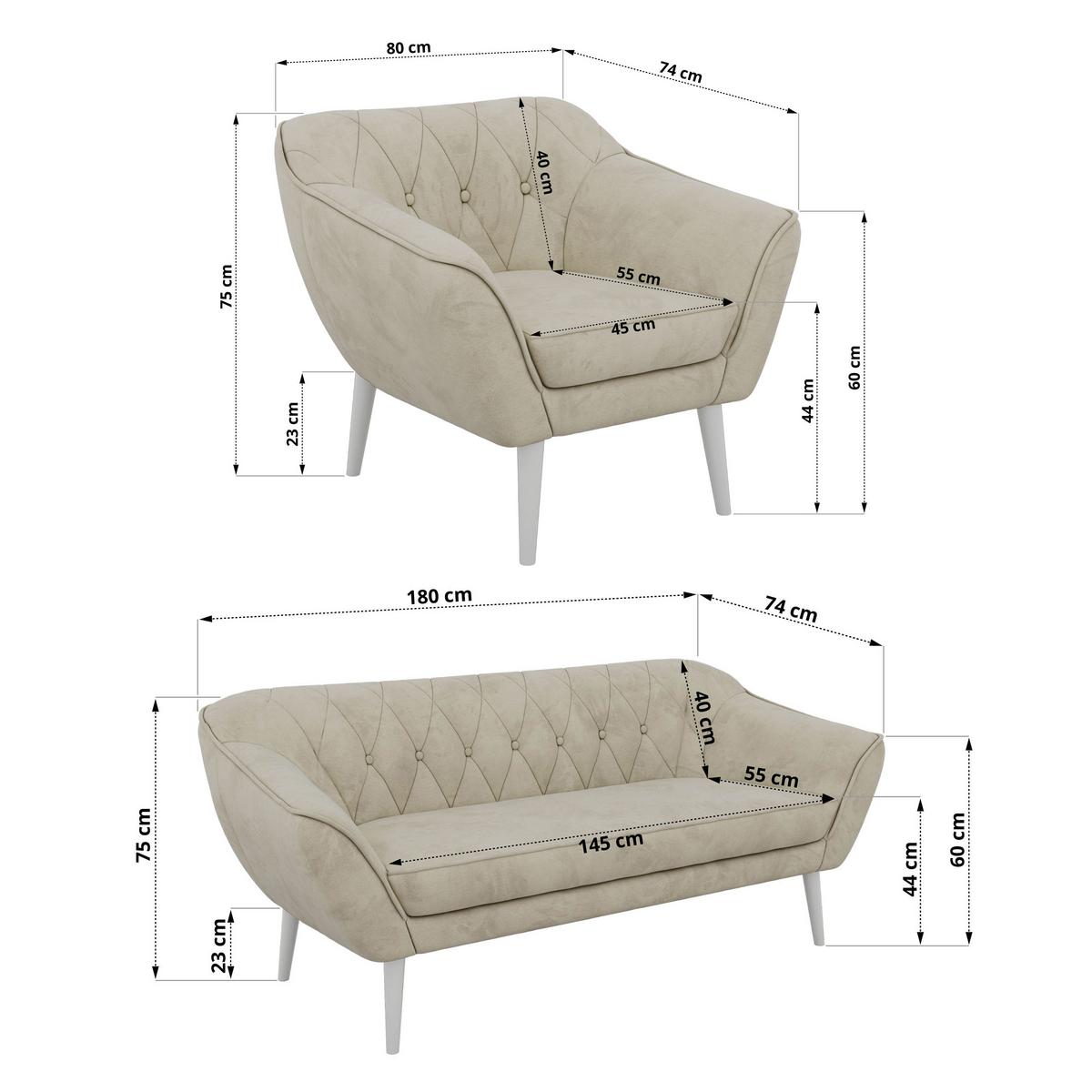 SITZGARNITUR PIRS 3+1+1 - Beige Velvet - Weiße Beine - Beige/Weiß, Holzwerkstoff/Textil (180/75/74cm) - MKS