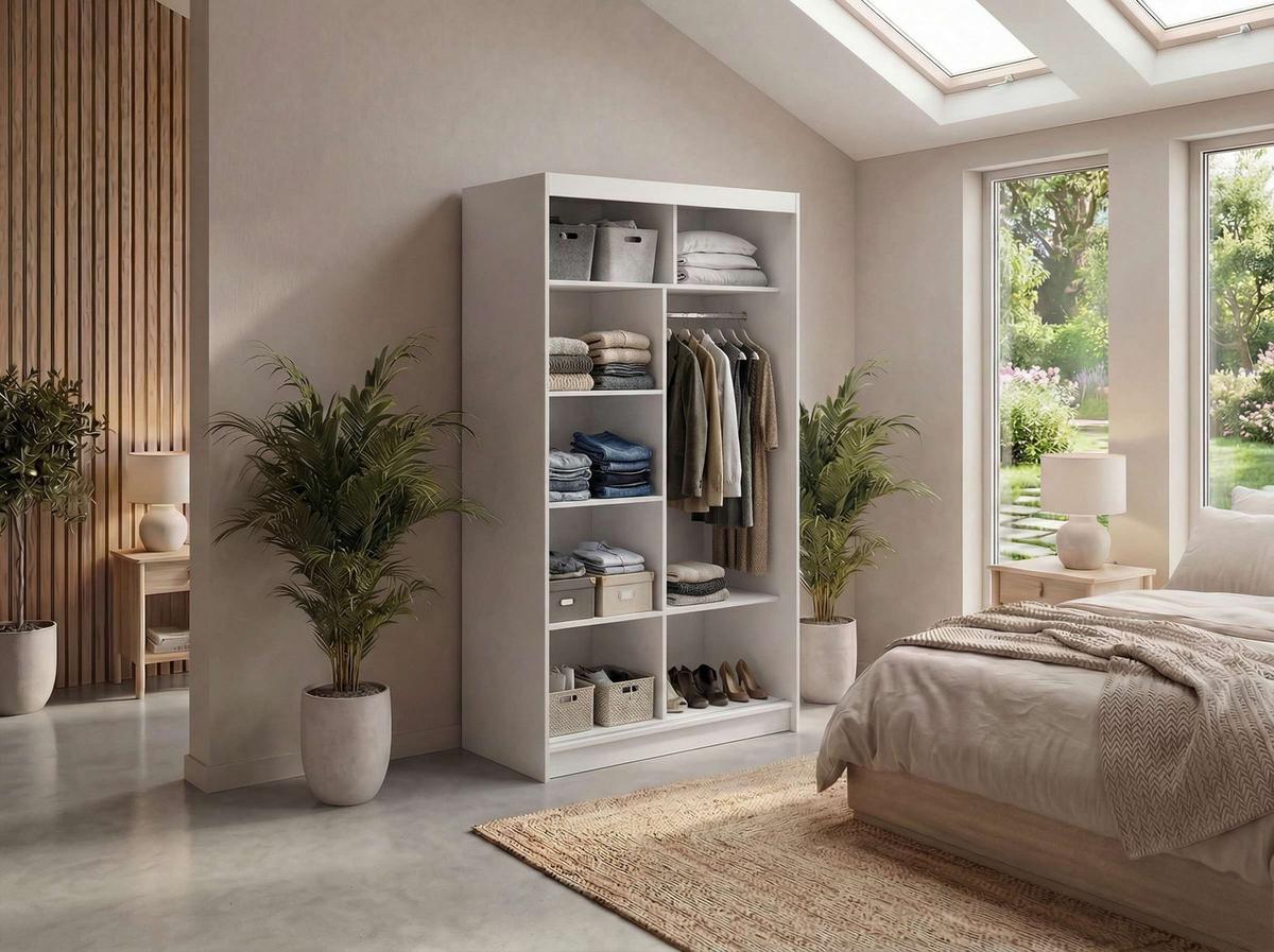 SCHWEBETÜRENSCHRANK mit Spiegel - WALENCJA - 120 - Weiß lacobel - Alufarben/Weiß, Holzwerkstoff/Metall (120/216/61cm) - MKS