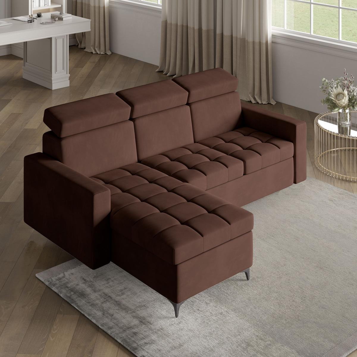 ECKSOFA KAME Braun Plüsch-Stoff mit Schlaffunktion - Schwarz/Braun, Holz/Textil (227/168cm) - MASSENO
