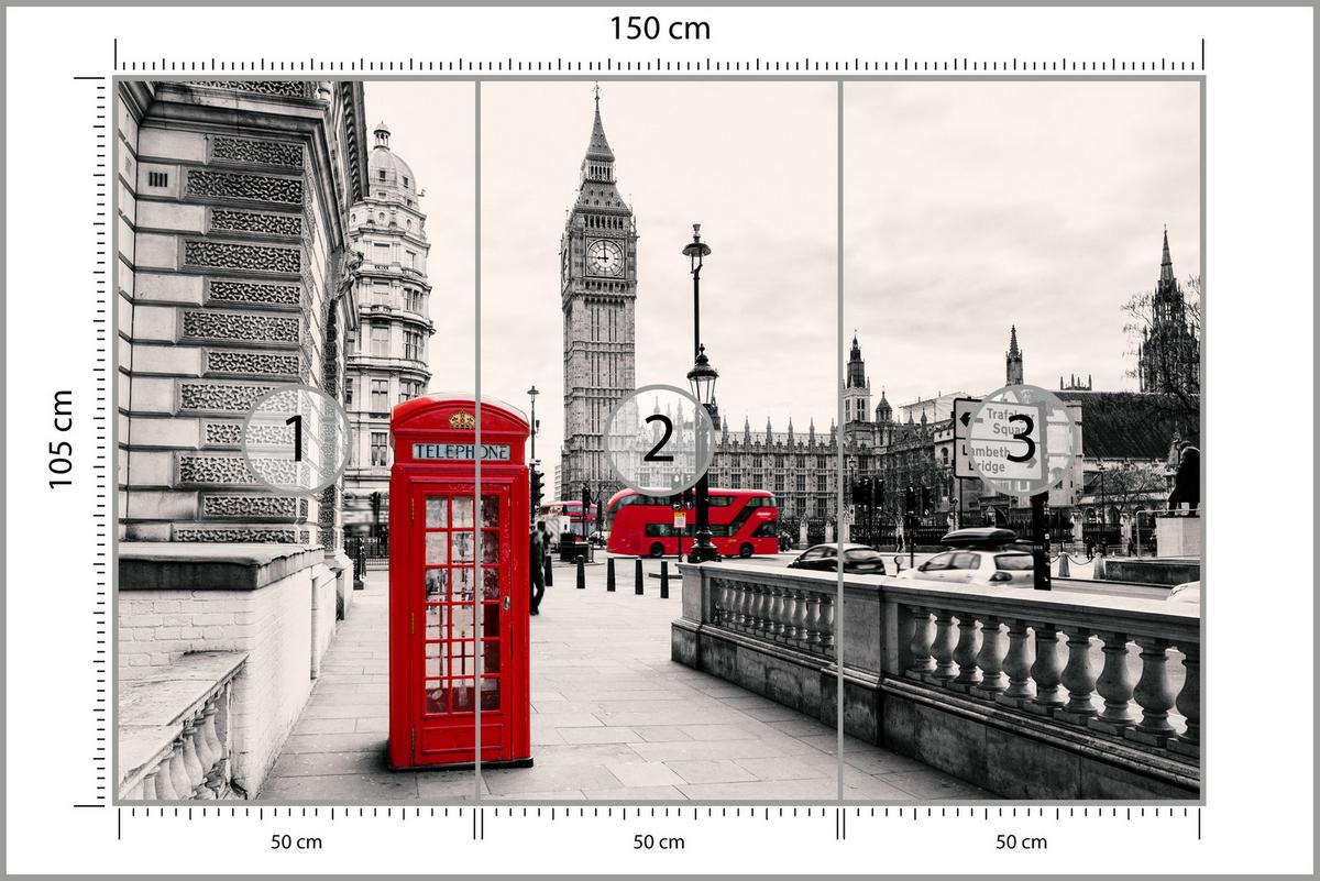 FOTOTAPETE für Wohnzimmer Rote Telefonzelle London BIG BEN Bus 150x105 - Beige/Rot, Papier (150/105cm) - Muralo