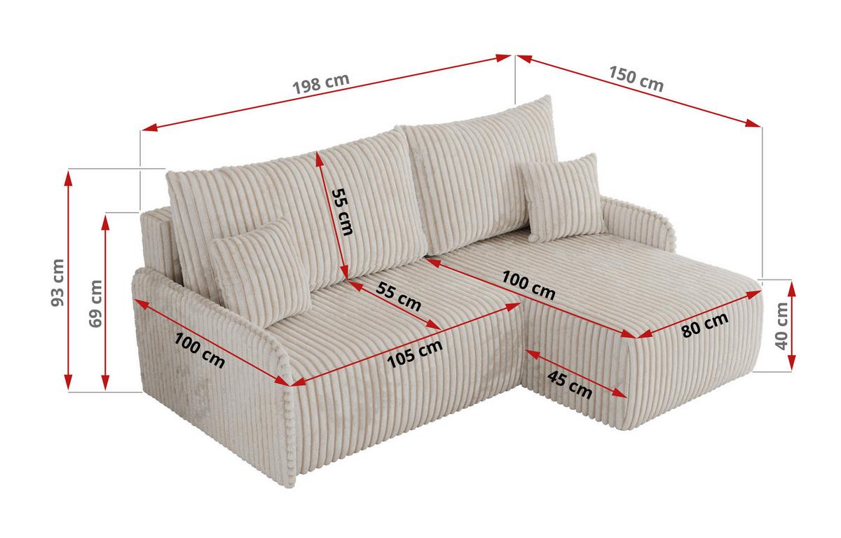 ECKSCHLAFSOFA ARPA L Creme Cord - rechts - Creme/Schwarz, Kunststoff/Textil (150/198cm) - MKS
