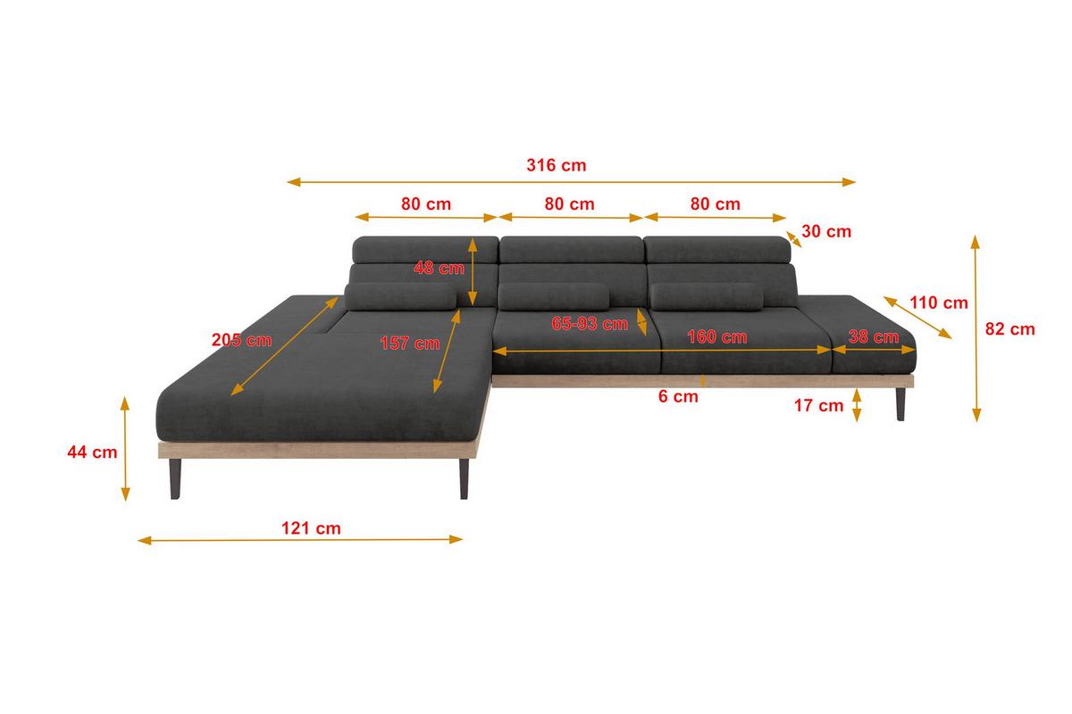 ELEKTRISCHES ECKSOFA Links MONA 316x205x85 Dunkelgrau Velours - Anthrazit, Holzwerkstoff/Textil (316/205cm) - ALTDECOR