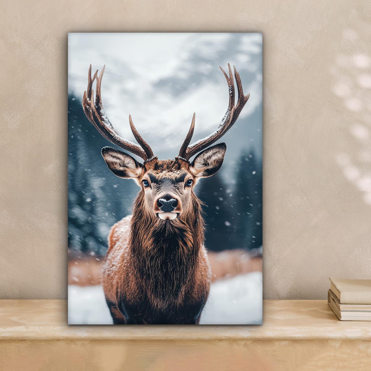 LEINWANDBILD Hirsche - Tiere - Landschaft - Winter - Schnee Deko Wohnzimmer 20x30 cm - Kastanienfarben, Textil (20/30cm) - MuchoWow