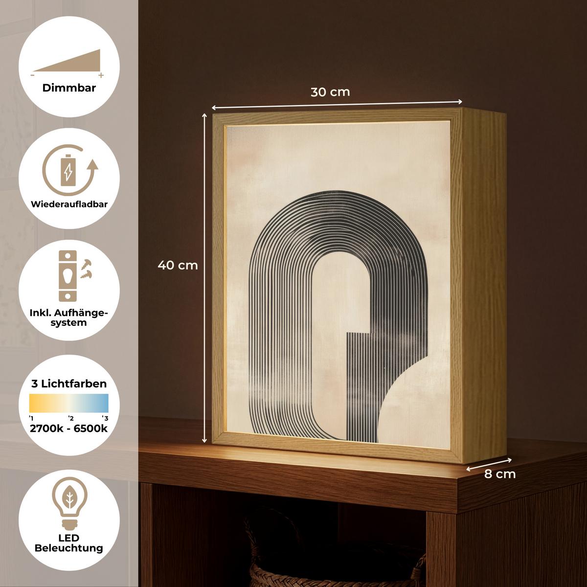 WANDLEUCHTE MIT AKKU Schleife - Streifen - Minimalistisch - Schwarz 30x40 cm - Beige, Holzwerkstoff (30/40/8cm) - OnlyWow