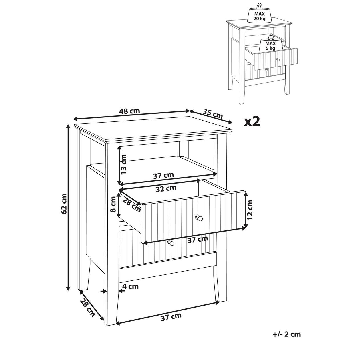 NACHTTISCH 2er-Set Weiß - Weiß, Holzwerkstoff (35/48/62cm) - Beliani