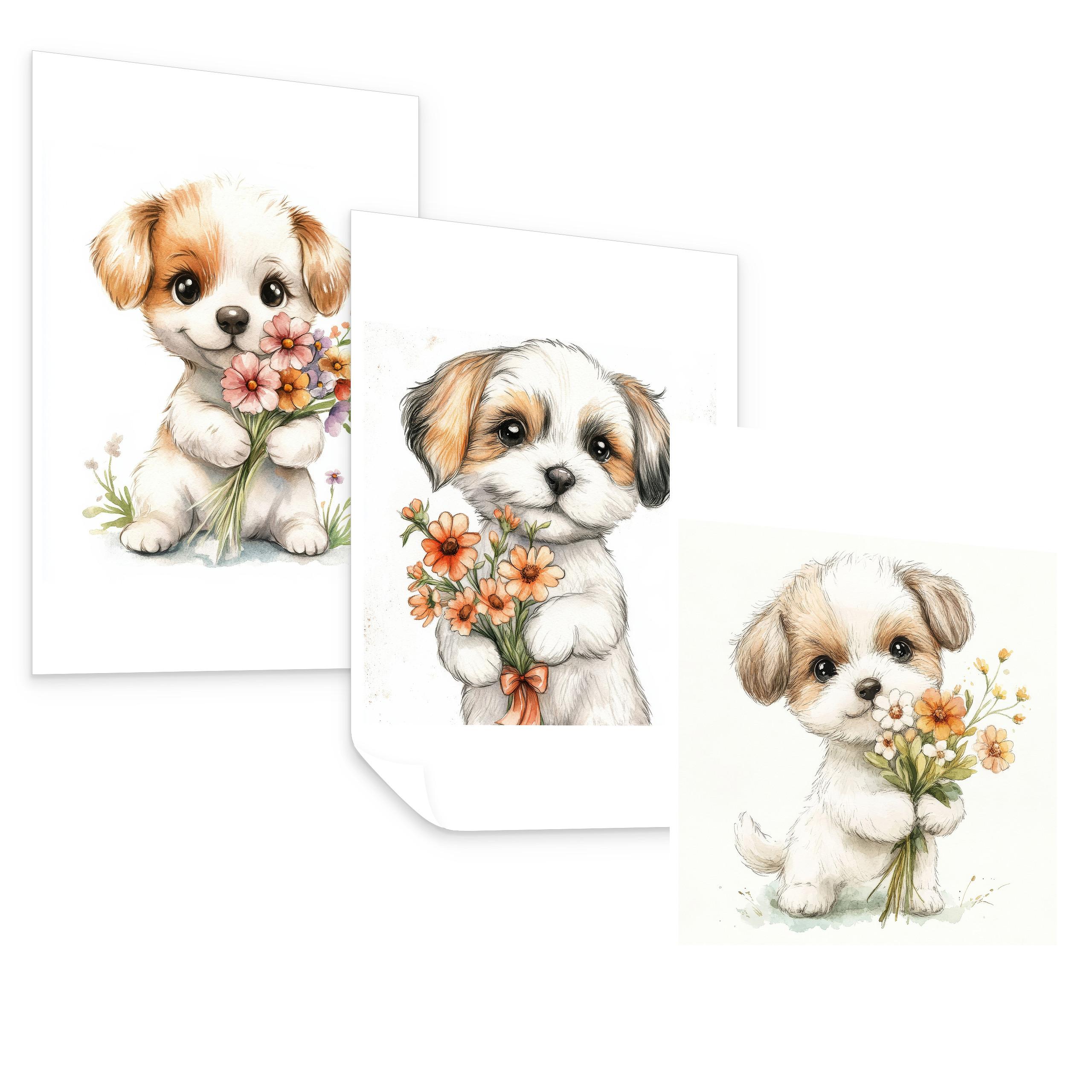POSTER SET für Kinderzimmer HUNDE Welpen Blumen Tiere 3x Poster A4 21x30cm - Beige/Rot, Papier (21/30/1cm) - Muralo