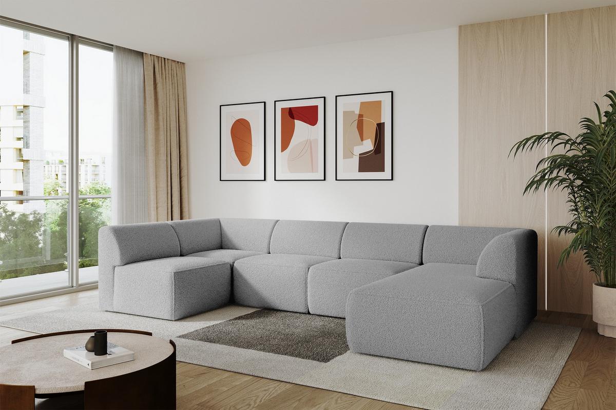 WOHNLANDSCHAFT Ottomane Rechts MOVO-L 345x180x78 cm Hellgrau Bouclé - Anthrazit, Holzwerkstoff/Kunststoff (180/78/345cm) - ALTDECOR