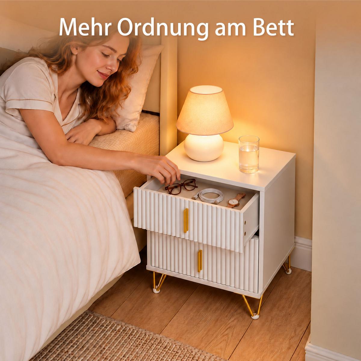 NACHTTISCH mit 2 schubladen, Weiß, 40x47x40 cm, E1-MDF, auch als Beistelltisch, Schlafzimmer & Wohnzimmer - Weiß, Holzwerkstoff/Metall (40/47/40cm) - SoBuy