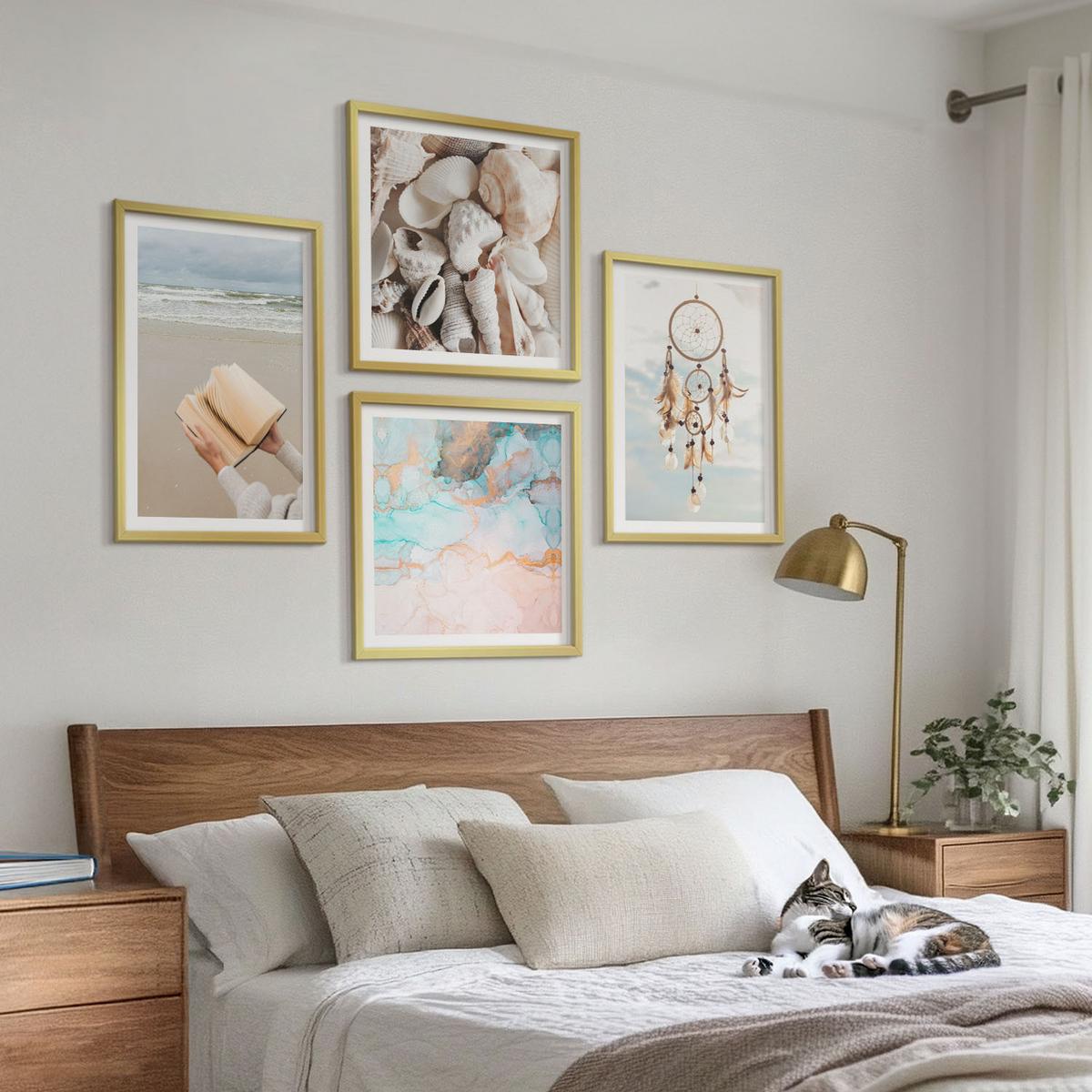 BILDER SET 4er Set - 50x50 cm & 40x60 cm Goldrahmen - Boho-Buch mit Muscheln - Goldfarben, Kunststoff (50/50cm) - TULUP