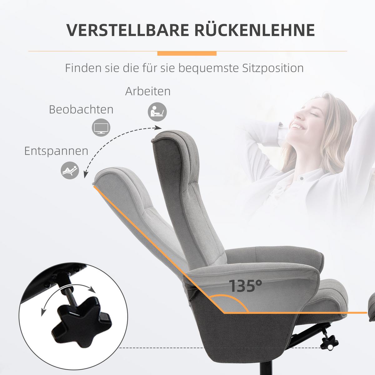 RELAXSESSEL mit Fußhocker verstellbare Rückenlehne für Schlafzimmer Dunkelgrau - Dunkelgrau/Schwarz, Textil/Metall (71/104/69cm) - HOMCOM