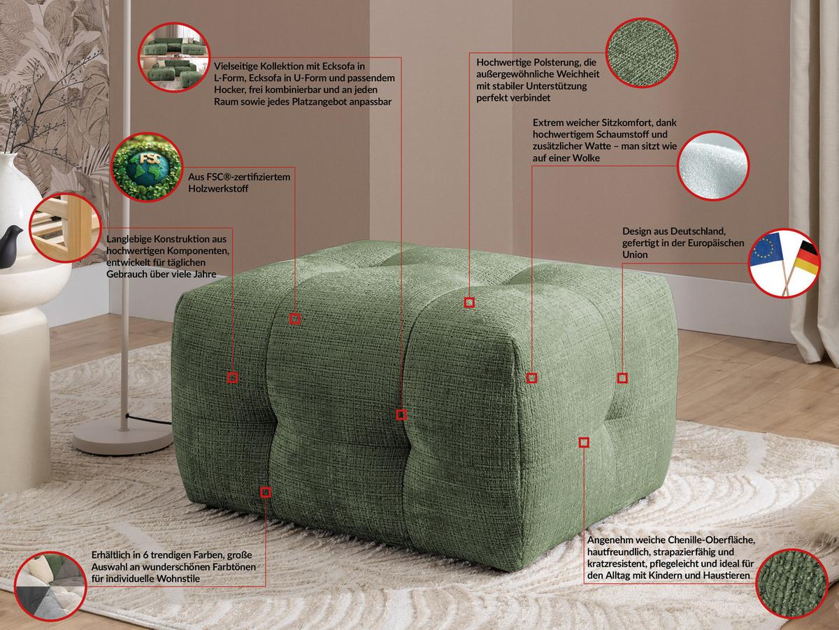 POLSTERHOCKER Kozy im Bumpy-Design aus weichem Grün Chenille-Stoff - Schwarz/Grün, Holz/Textil (87/46/68cm) - S-Style Möbel