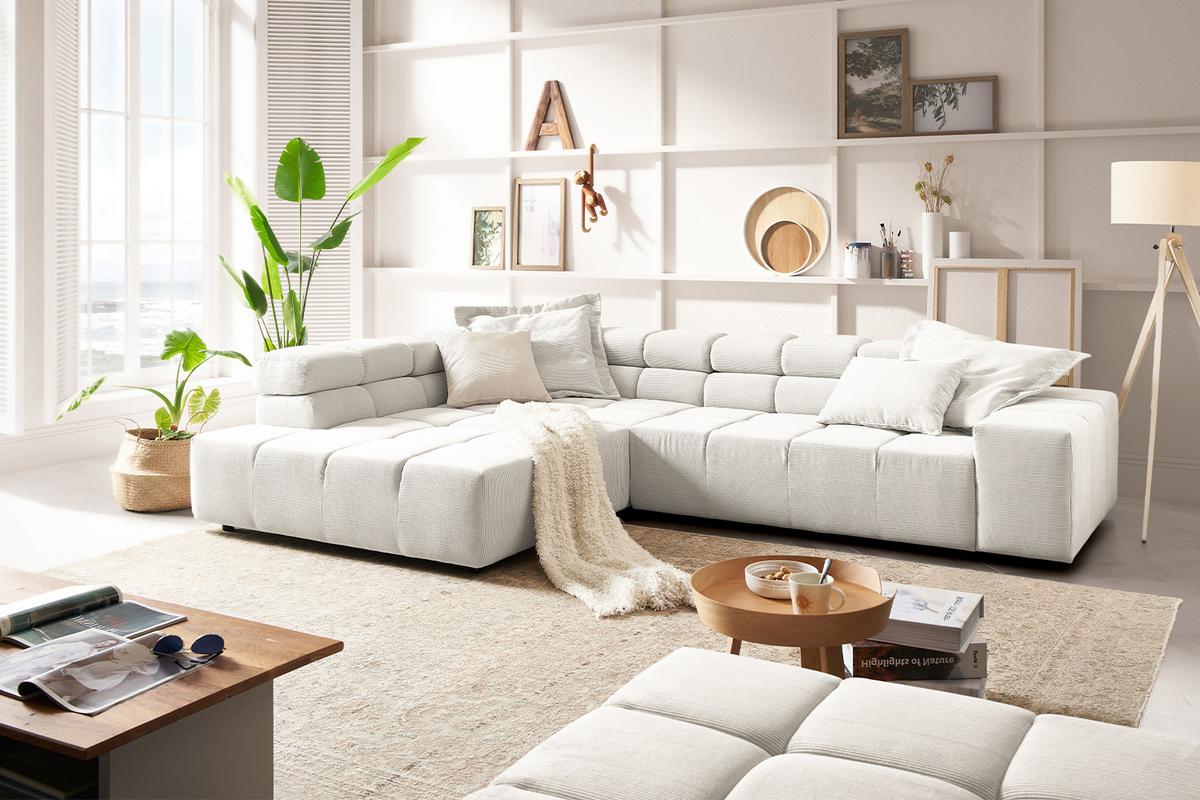 ECKSOFA NEVADA Weiß Cord - Schwarz/Weiß, Kunststoff/Textil (319/215cm) - KAWOLA