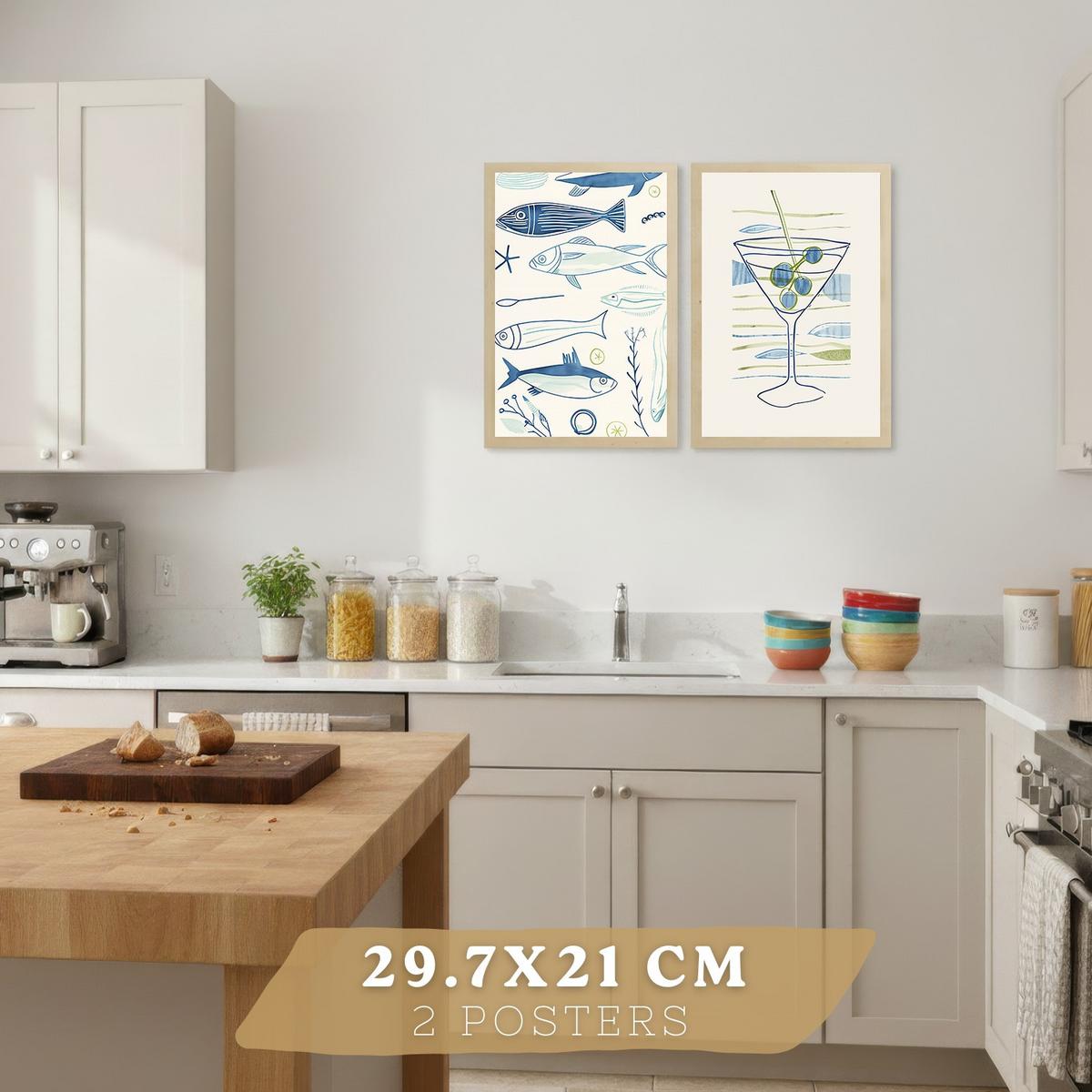 POSTER 2er Set Küchen-Wandbilder Fische Strichzeichnung und Martini Aquarell Minimalistisch Wanddeko Rahmenlos A4 - Beige, Papier (29.7/1/21cm) - Nacnic