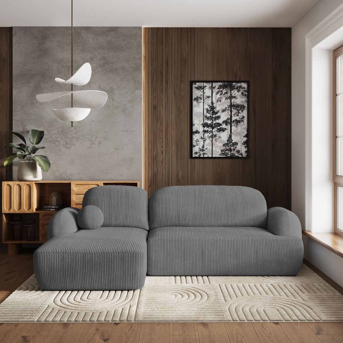 ECKSOFA MODENZA P L-S Grau Kordstoff mit Schlaffunktion - Schwarz/Grau, Holz/Kunststoff (266/148cm) - MASSENO