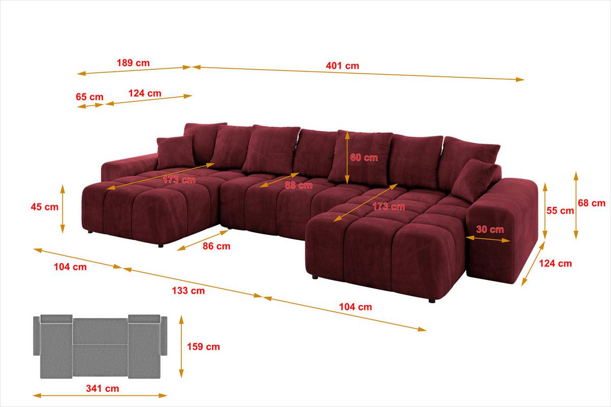 WOHNLANDSCHAFT ENIL-U 401x189x68 Bordeaux Velours - Bordeaux, Holzwerkstoff/Kunststoff (401/68/189cm) - ALTDECOR