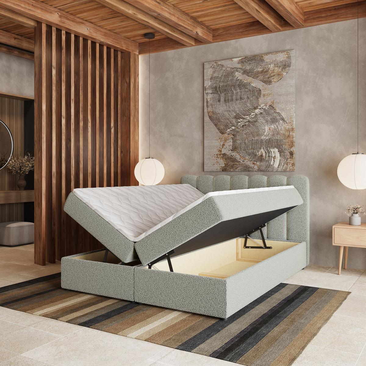 BOXBETT SOLIA 140x200 cm mit Matratze und Topper, H2+H3 - Hellgrau - Hellgrau, Holz (140/200cm) - MASSENO