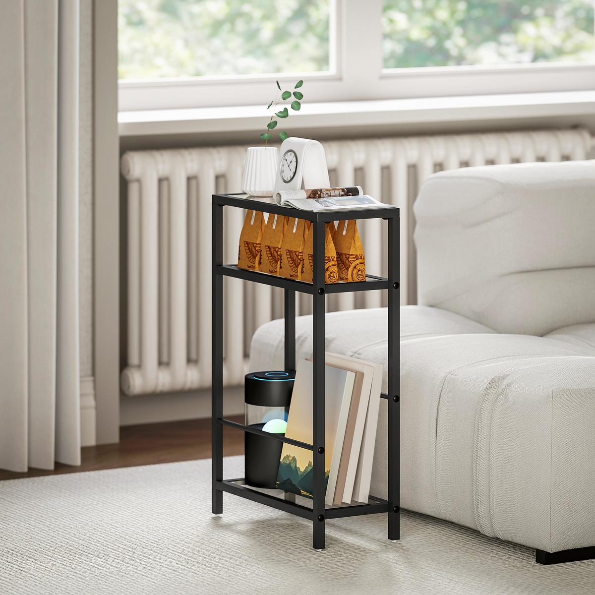 BEISTELLTISCH kleiner Couchtisch mit 3 Ebenen, Tischplatte aus Hartglas Schwarz - Schwarz, Metall (40/18/62cm) - HOMCOM