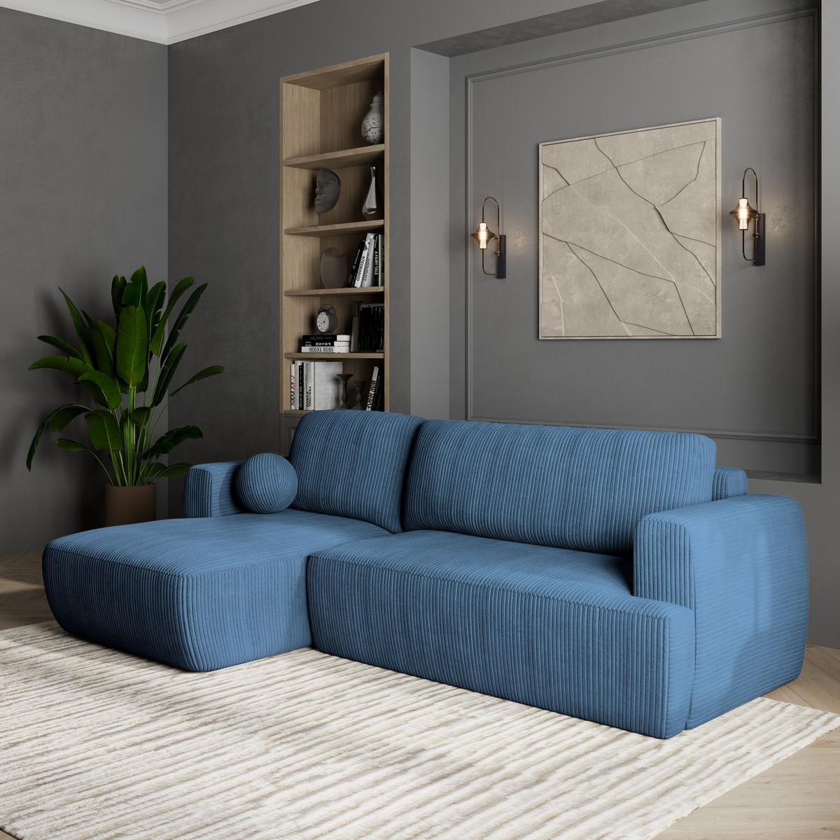 ECKSOFA SENTI P L-S Blau Kordstoff mit Schlaffunktion - Blau/Schwarz, Holz/Kunststoff (246/148cm) - MASSENO