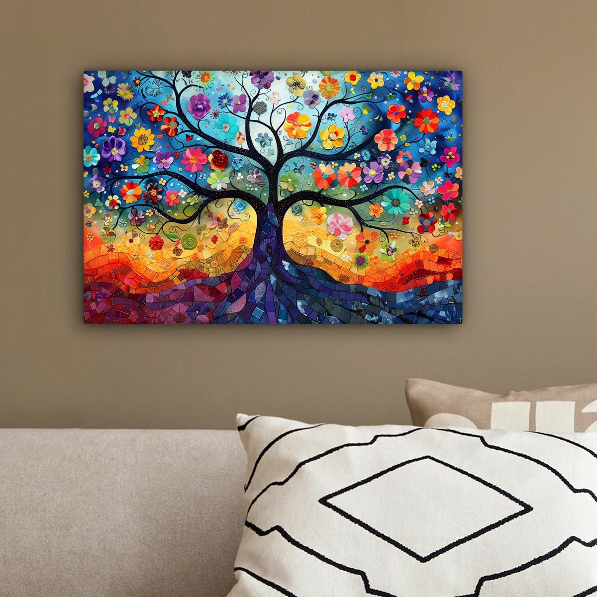 LEINWANDBILD Kunst - Baum des Lebens - Blumen - Hippie Deko Schlafzimmer 30x20 cm - Dunkelblau, Textil (30/20cm) - MuchoWow