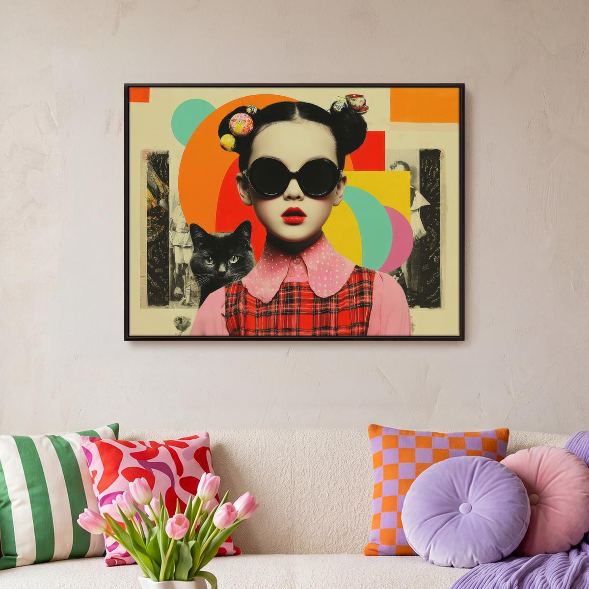 LEINWAND Bilder mit Rahmen - Mädchen - Sonnenbrille - Katze - Retro - 80x60 - Beige, Textil (80/60cm) - MuchoWow