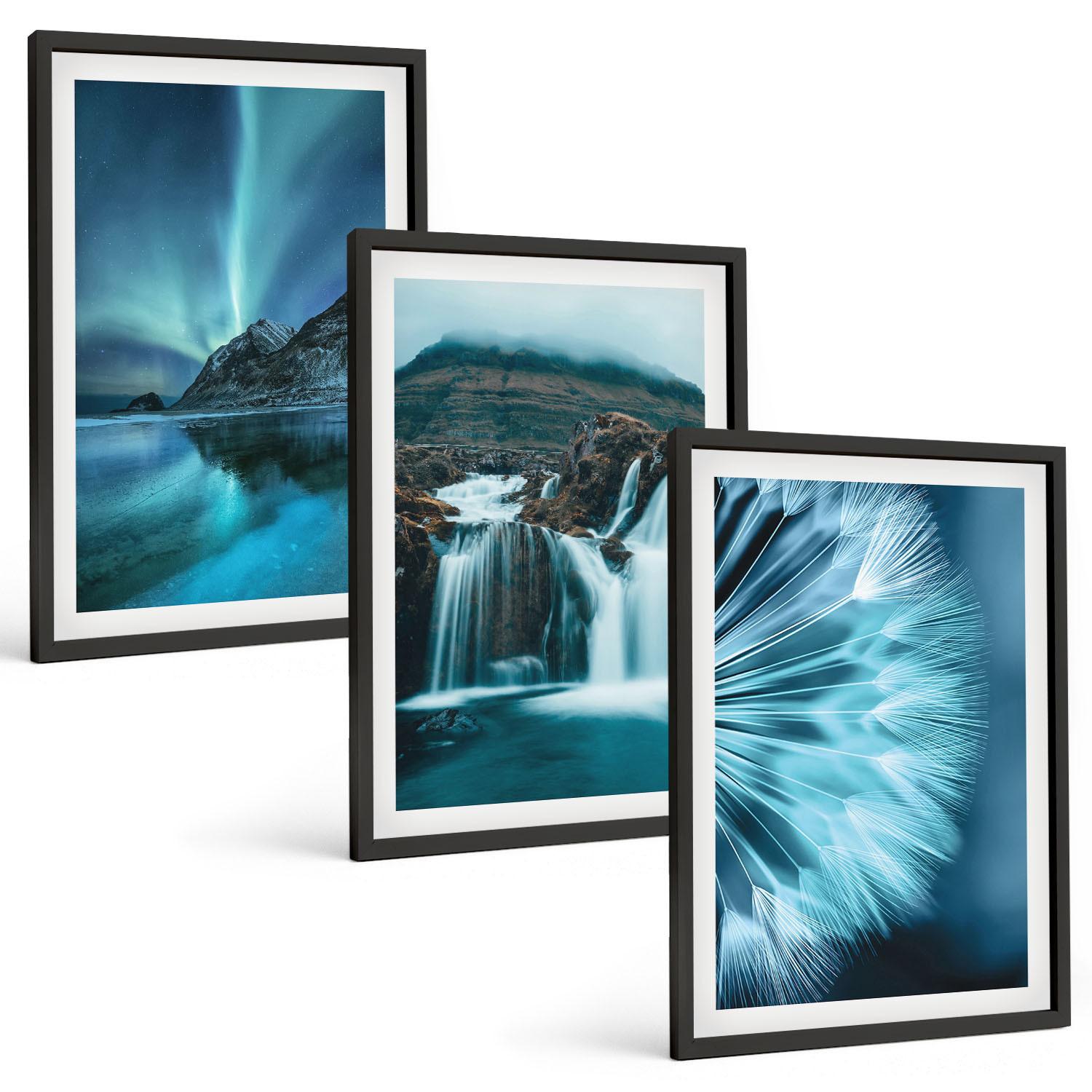 BILDER SET 3er Set - 40x60 cm Schwarzer Rahmen - Winterlandschaften mit Wasserfällen - Schwarz, Kunststoff (40/60cm) - TULUP
