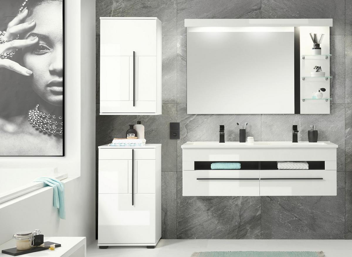 BAD-KOMMODE weiß Hochglanz, Badschrank Unterschrank, 45 x 87 cm - Weiß Hochglanz/Schwarz, Holzwerkstoff/Kunststoff (45/88/35cm) - Furn.Design