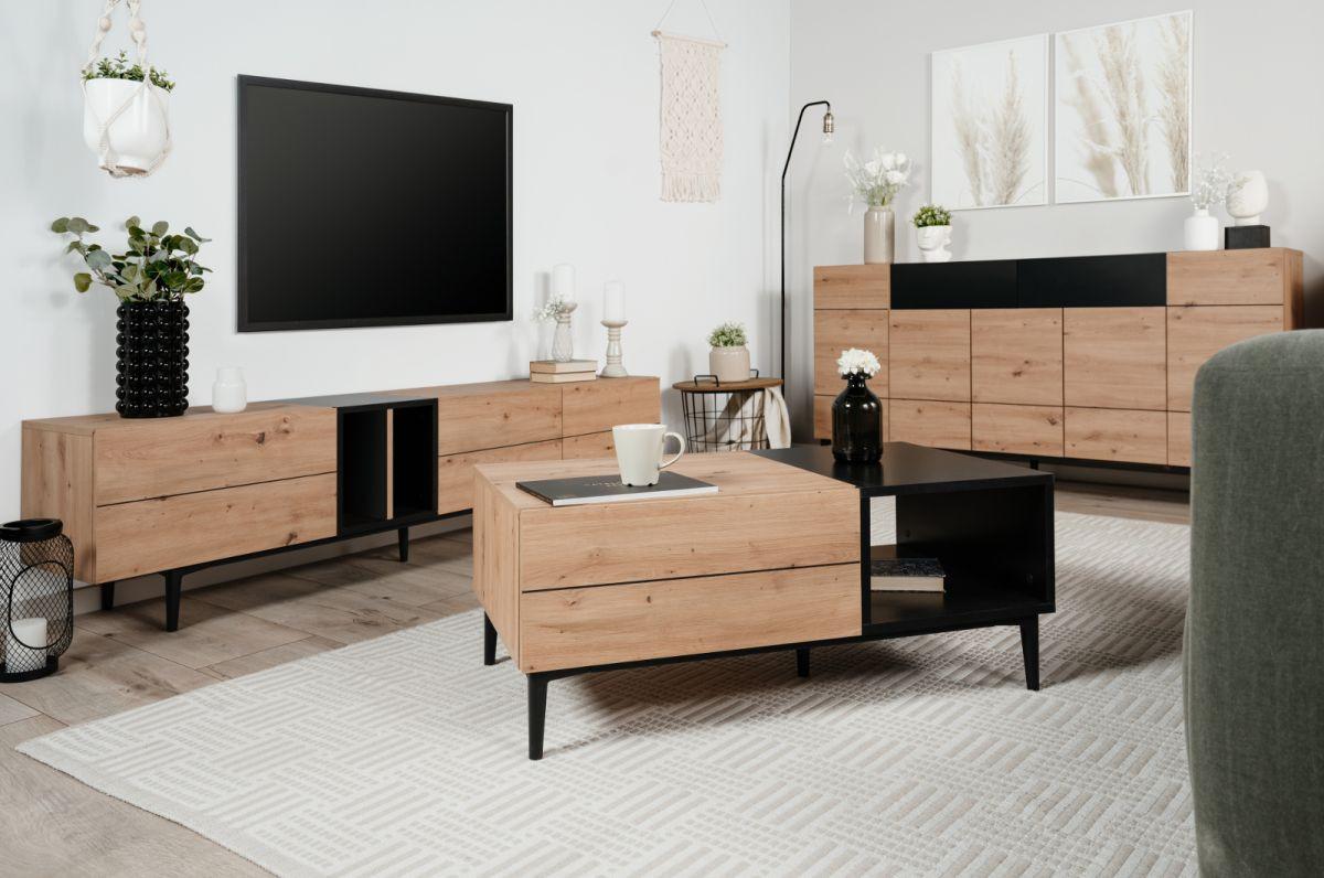 TV-LOWBOARD Eiche Artisan, schwarz 195 cm, TV-Unterteil mit viel Stauraum - Schwarz/Eiche Artisan, Holzwerkstoff (195/48/37cm) - Furn.Design
