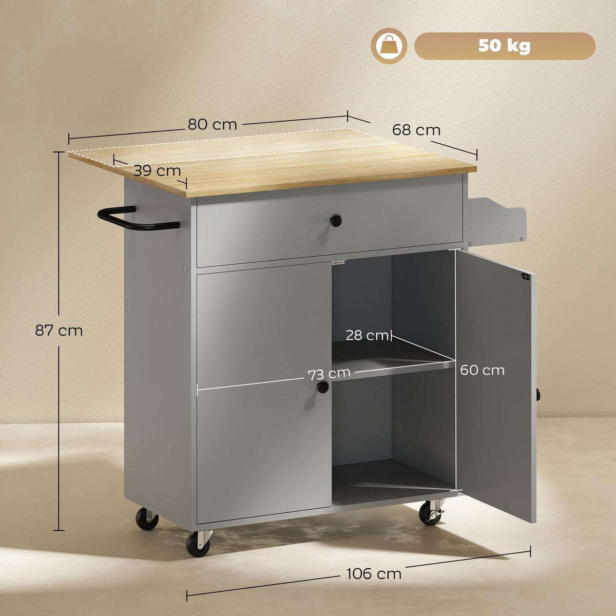 KÜCHENINSEL Spanplatte MDF Grau - Schwarz/Grau, Holzwerkstoff/Metall (42/87/106cm) - HOMCOM