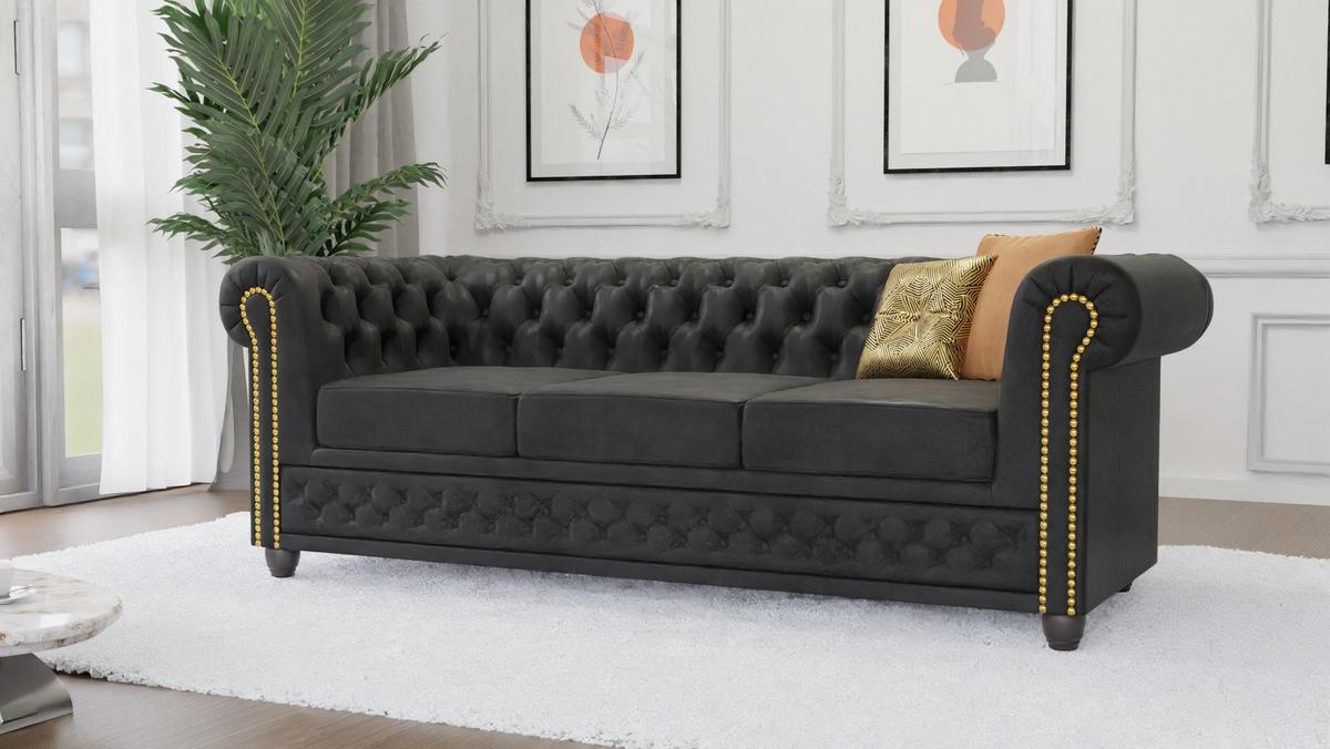 CHESTERFIELD-SOFA 3-sitzer mit Schlaffunktion Flux Anthrazit Microfaser Vintageoptik - Anthrazit/Braun, Holz/Textil (203/72/86cm) - S-Style Möbel