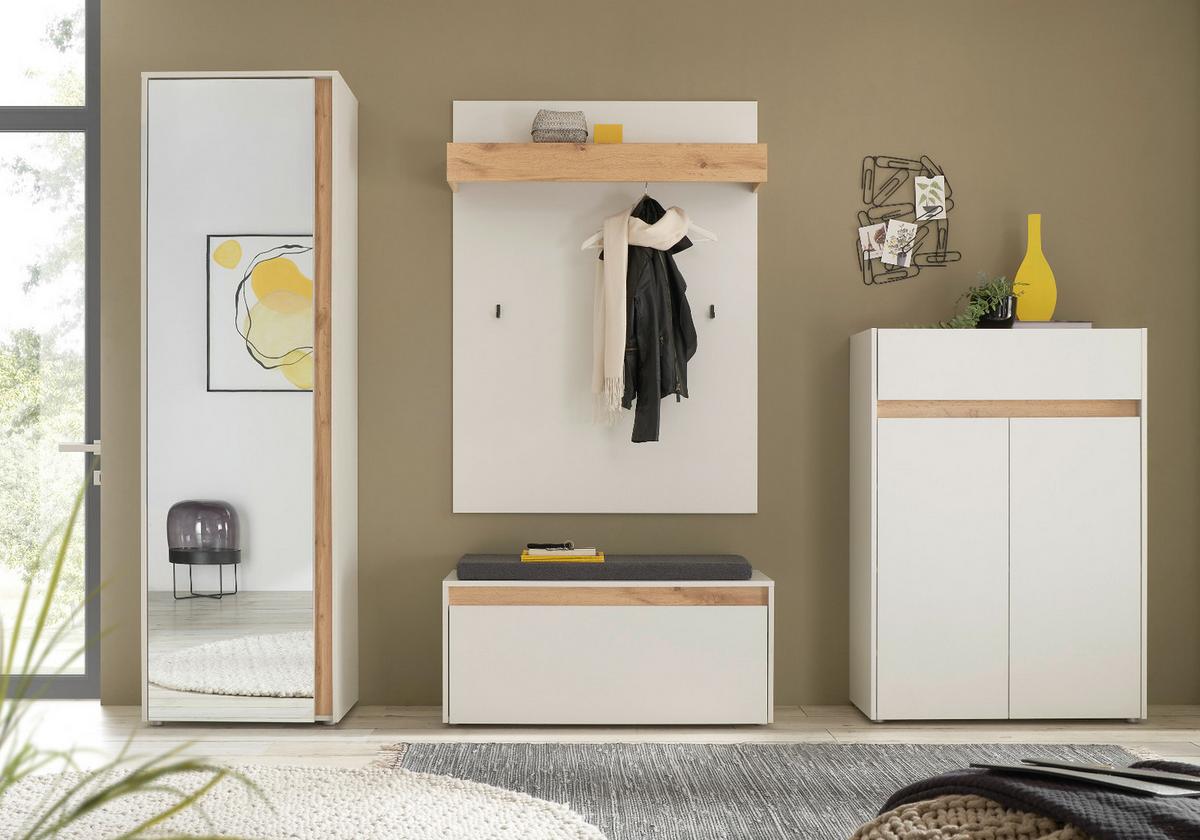 GARDEROBEN-SET 5-teilig weiß matt, Eiche Wotan 265 cm, Flurgarderobe mit viel Stauraum - Eiche Wotan/Schwarz, Glas/Holzwerkstoff (265/200/40cm) - Furn.Design