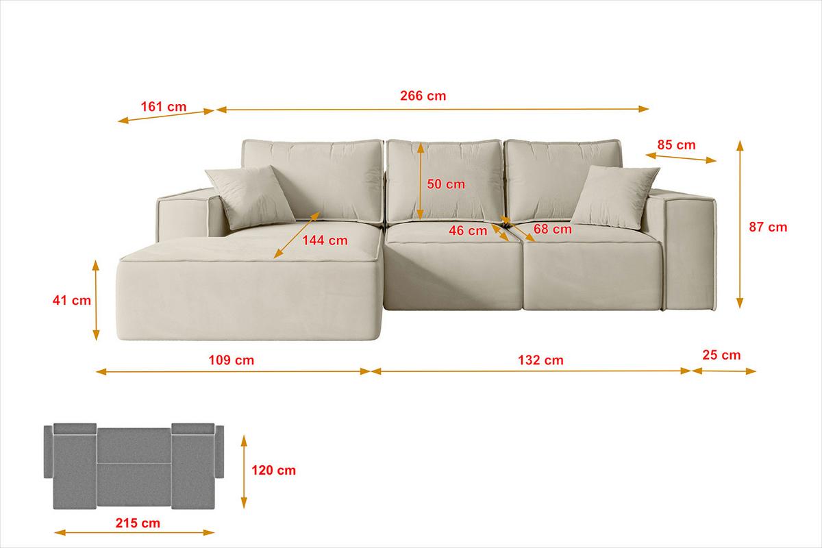 ECKSOFA mit Schlaffunktion und Bettkasten SERRA-L-S - 266x161x87 cm Beige Velours - Beige/Schwarz, Holzwerkstoff/Kunststoff (266/161cm) - ALTDECOR