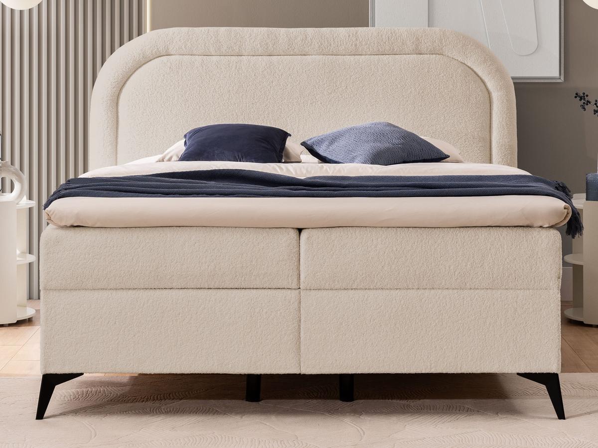 BOXBETT Sonna 180/200 cm Hellbeige Bouclé-Stoff mit abgerundetem Kopfteil und mit schwarzen Metallfüßen - Beige/Schwarz, Holz/Textil (180/200cm) - S-Style Möbel