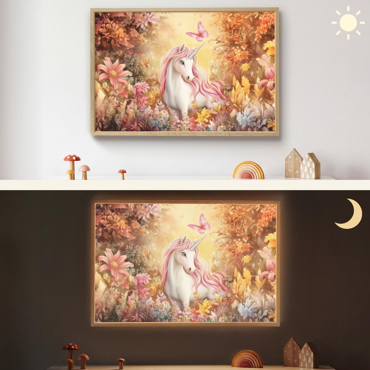 WANDLEUCHTE MIT AKKU Einhorn - Blumen - Schmetterling - Rosa 100x70 cm - Beige, Holzwerkstoff (100/70/8cm) - OnlyWow
