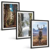 BILDER SET 3er Set - 40x60 cm Schwarzer Rahmen - Straße Wald Berge Hirsch Natur - Schwarz, Kunststoff (40/60cm) - TULUP