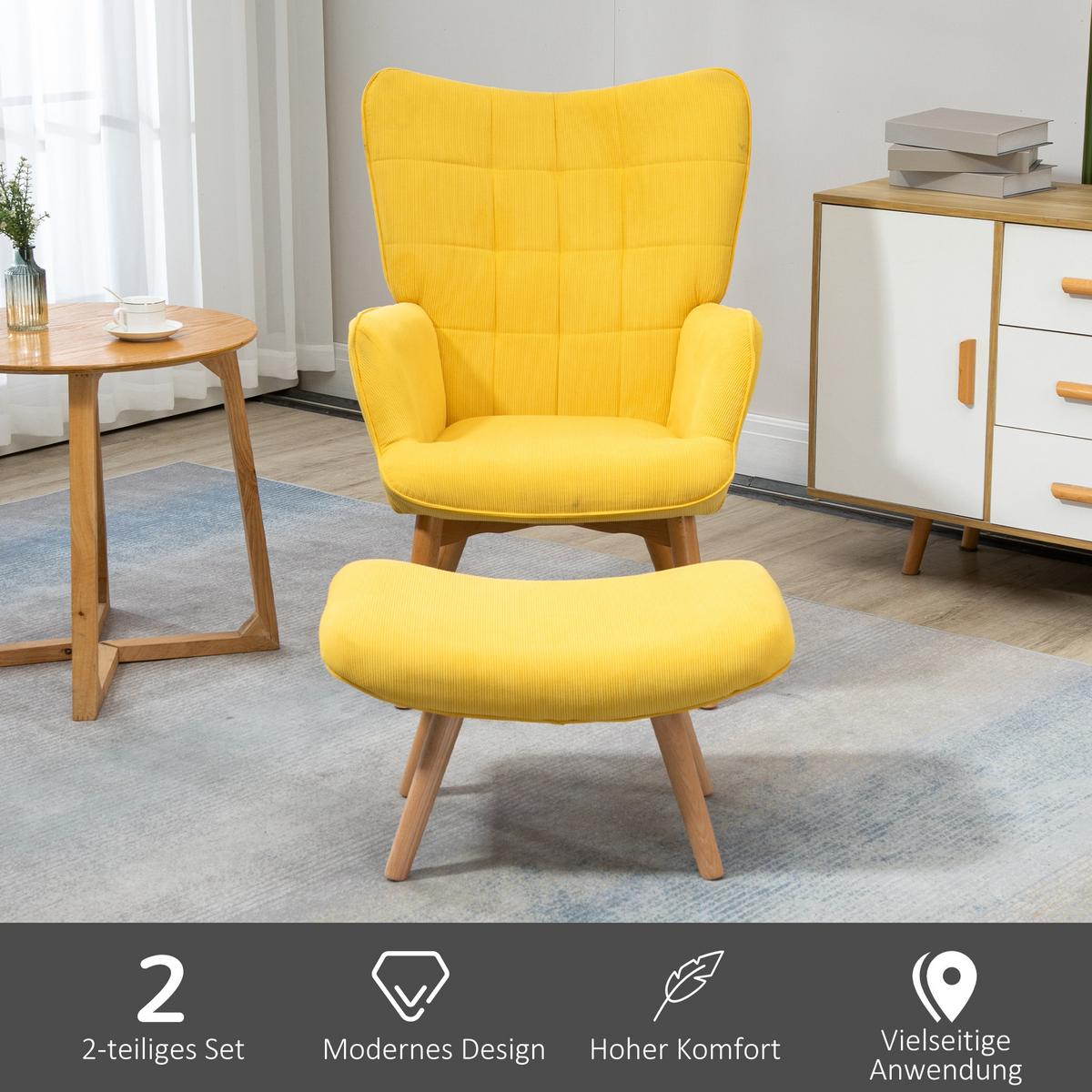 OHRENSESSEL mit Hocker, Relaxsessel, Polstersessel in Cord-Optik, mit Holzbeine - Gelb/Buchefarben, Holz/Buchenholz (80/101/72cm) - HOMCOM
