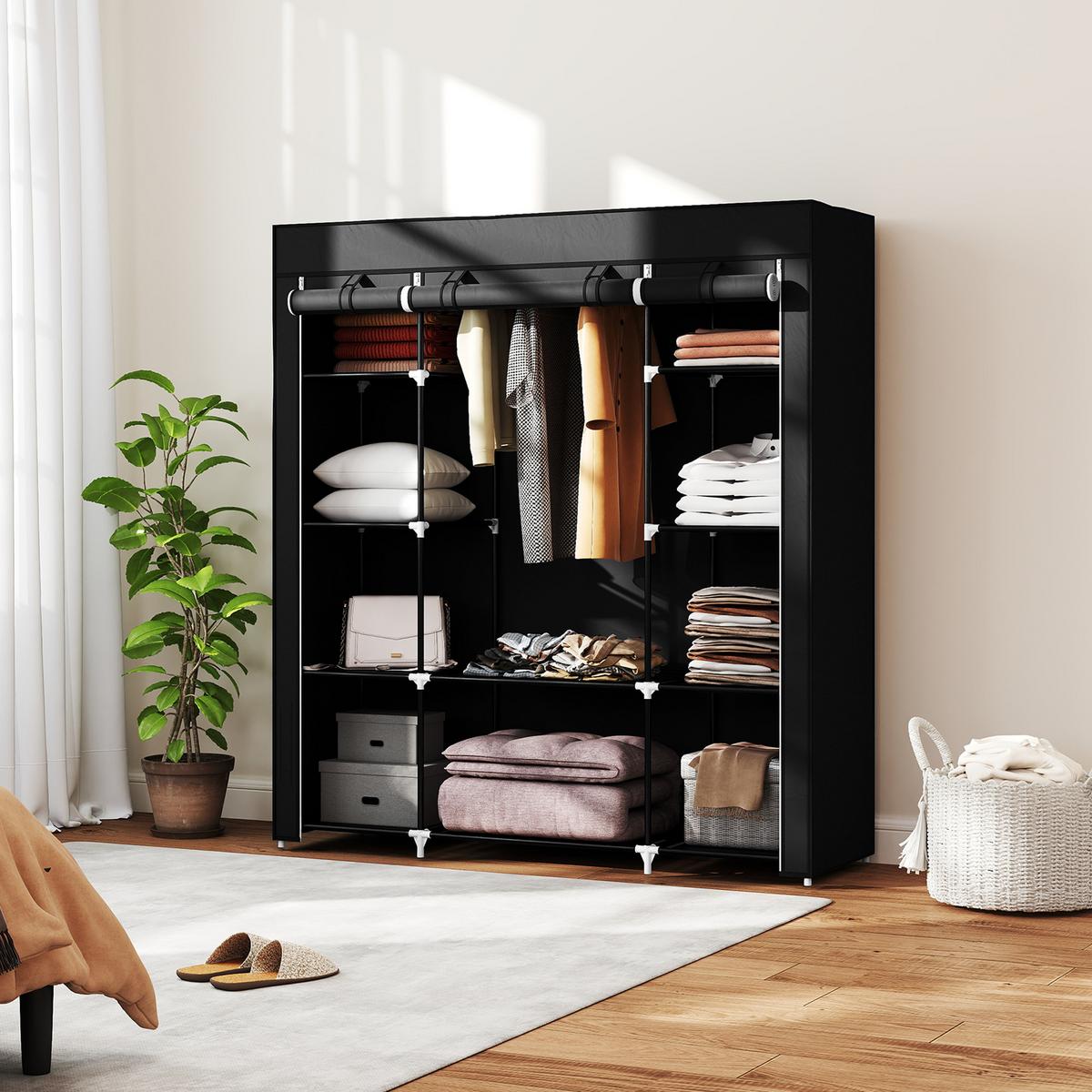 STOFFSCHRANK, Faltschrank mit Reißverschluss, Kleiderschrank, Tragbare Garderobe - Schwarz, Metall (43/162.5/150cm) - HOMCOM