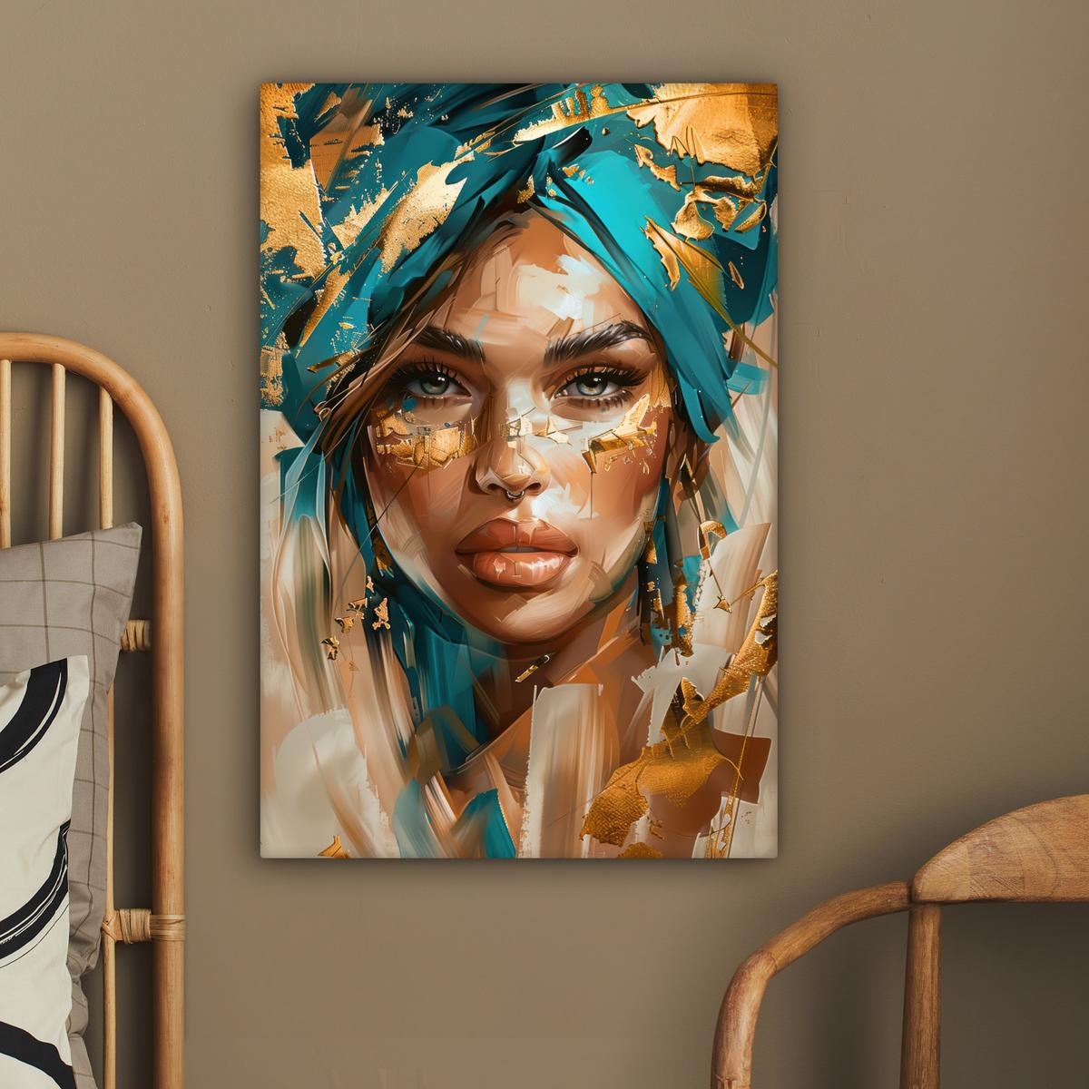 LEINWANDBILD Frau - Porträt - Gold - Luxus - Blau Wanddeko 40x60 cm - Türkis, Textil (40/60cm) - MuchoWow