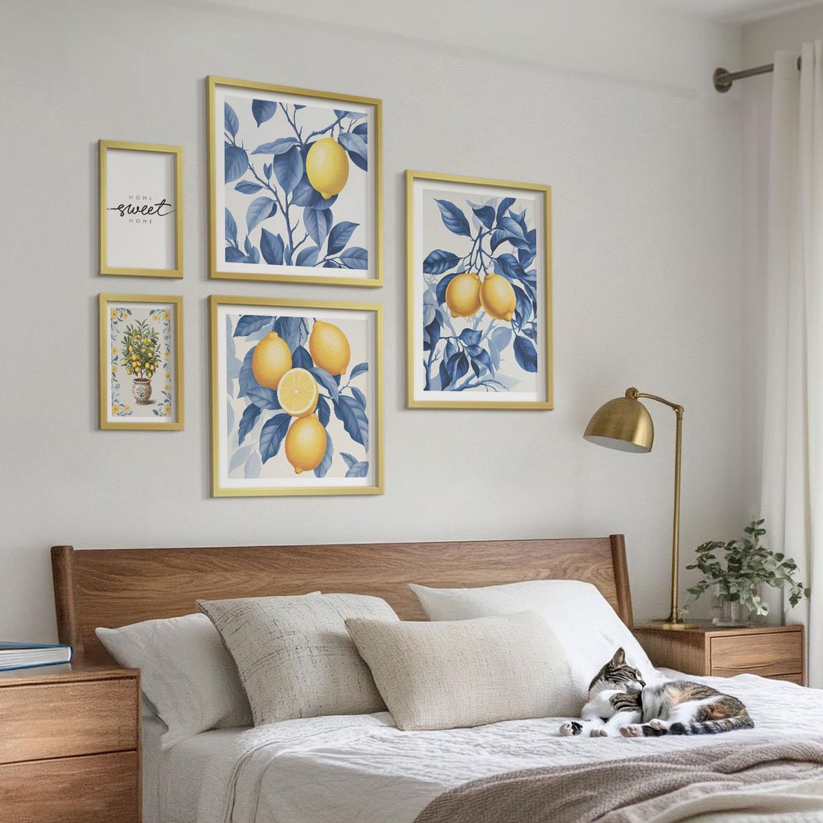 BILDER SET 5er Set - 50x50 cm & 20x30 cm & 40x60 cm Goldrahmen - Zitronenzweige mit blauen Blättern - Goldfarben, Kunststoff (40/60cm) - TULUP