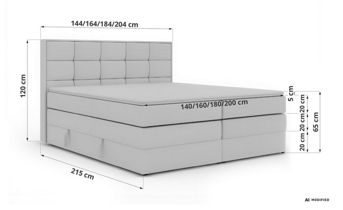 BOXSPRINGBETT ALNOR KING 140/200 - Dunkelgrau Stukture - Topper T25 - H3 - Dunkelgrau/Schwarz, Kunststoff/Textil (140/200cm) - MKS