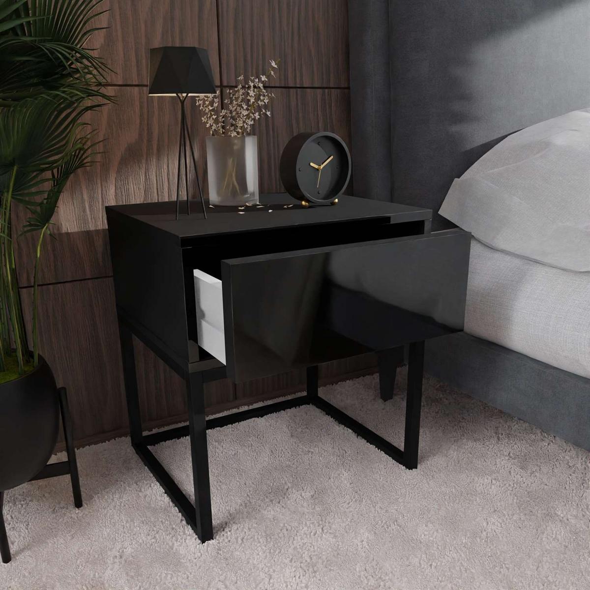 NACHTTISCH BLANCO LOFT Schwarz Hochglanz auf schwarzem Gestell - Schwarz Hochglanz, Holzwerkstoff (45/53/37cm) - Lookway
